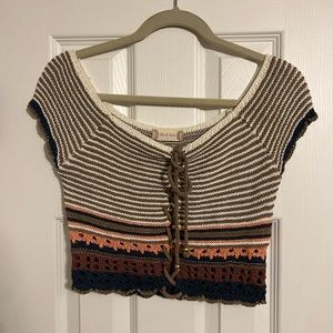 Boho Altar’d State front tie crochet top.